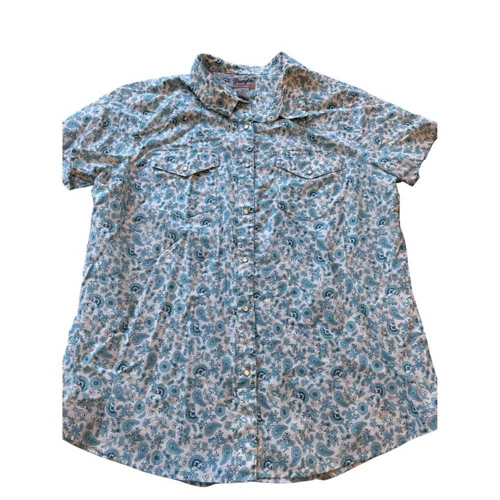 Wrangler Womens XL Blue Paisley Print Short Sleeve Button Up Shirt Cotton